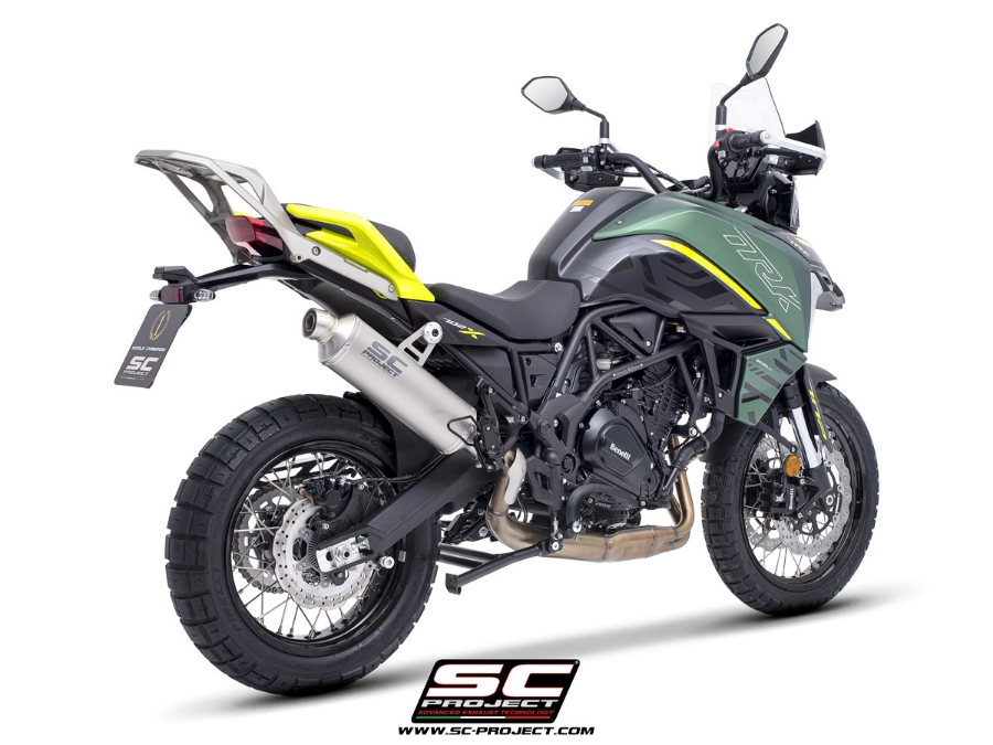 Benelli TRK 702 with SC-Project Rally-S titanium exhaust, 3/4 rear view