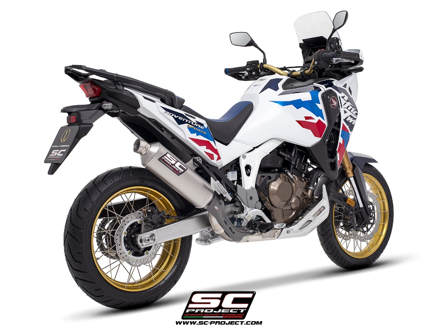 Honda CRF1100L Africa Twin with SC-Project Rally Raid titanium exhaust, 3/4 rear view