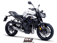 Triumph Street Triple 765 R - RS with SC-Project S1 stainless steel exhaust, 3/4 front view