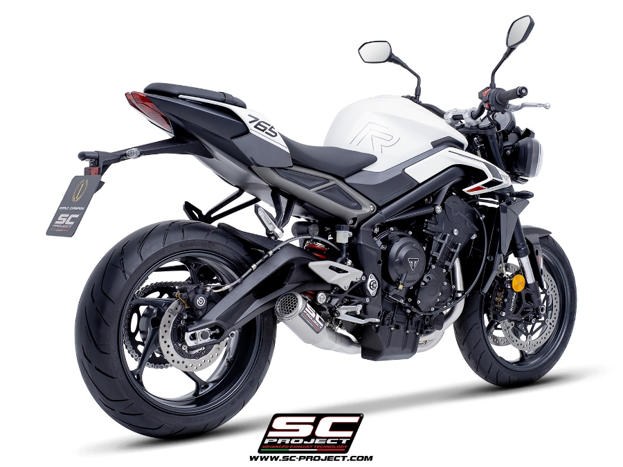 Triumph Street Triple 765 R - RS with SC-Project 3-1 Stainless steel full exhaust system, with CR-T titanium exhaust with stoneguard grid, 3/4 rear view