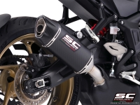 Triumph Trident 800 with SC-Project SC1-X carbon fibre exhaust, detail view